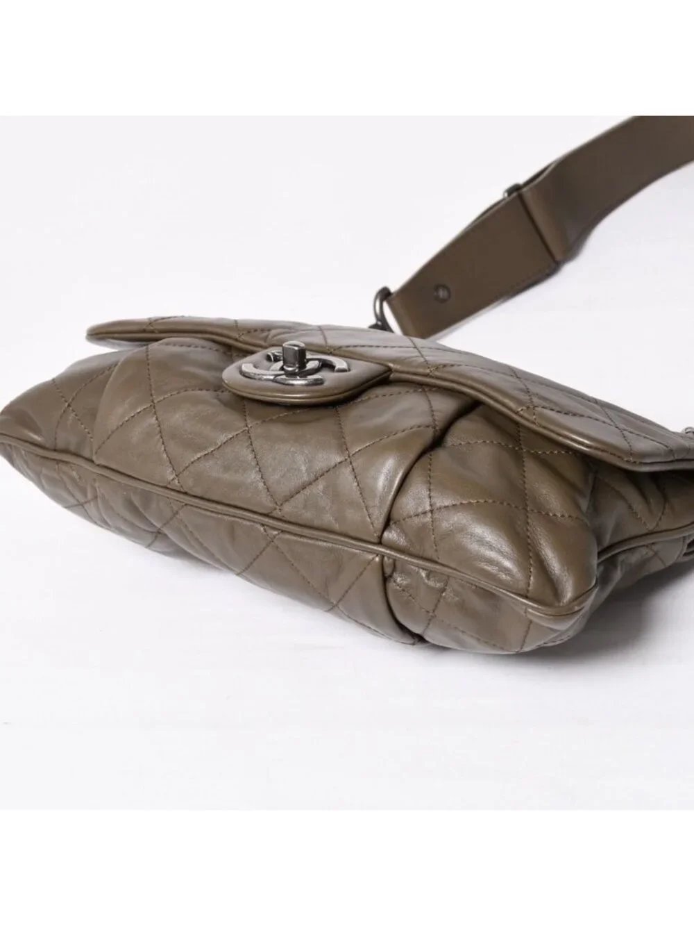 Chanel 2-Way Bag CC Logo Lambskin Quilted Olive Antique Silver